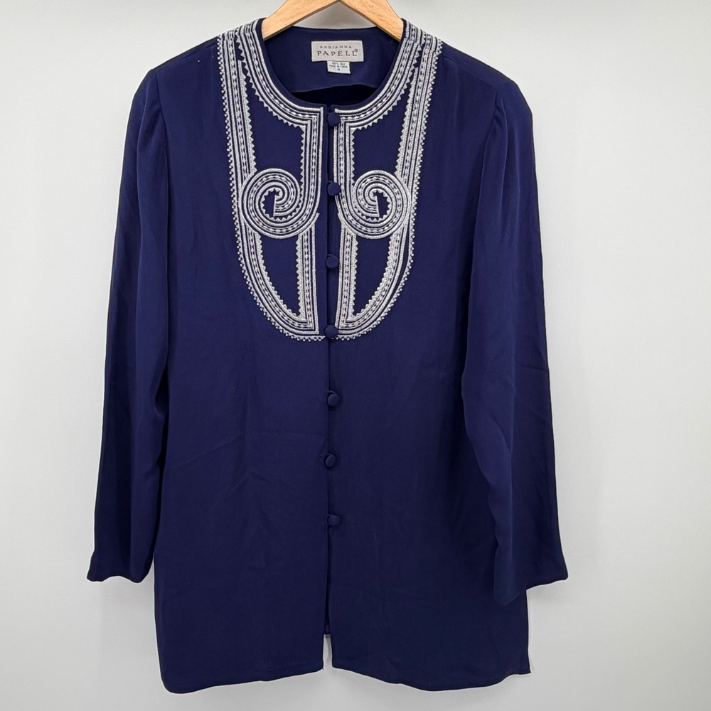 Adrianna Papell Silk Blouse Women 8 Navy Embroidered Button Up Shoulder Pads